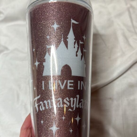 Disney Parks “I Live In Fantasyland” Castle Rose Gold Travel Tumbler. - Picture 3 of 10